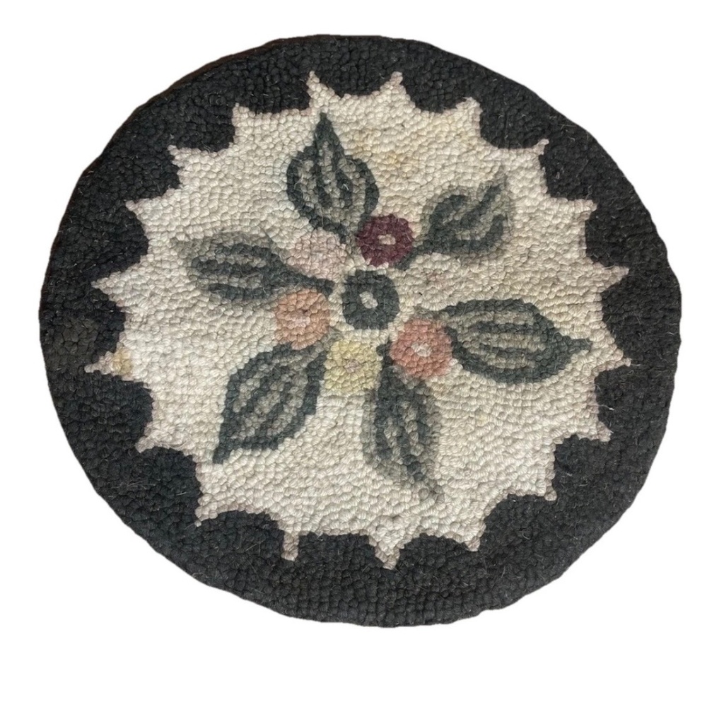 Vintage seat cushion cover round handmade hooked floral green cream wool